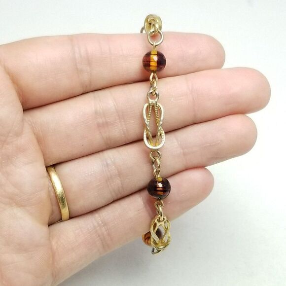 Vintage Avon Gold Tone and Brown Bead Chain Link Panel Bracelet, Retro Estate - Picture 4 of 6